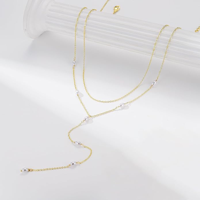 M MOOHAM Gold Lariat Necklace for Women - Dainty 14K Gold Plated Y-Shaped Long Drop Necklace Pearl Cross Clover Butterfly Cubic Zirconia Charm Layered Necklaces for Women Simple Jewelry Gifts