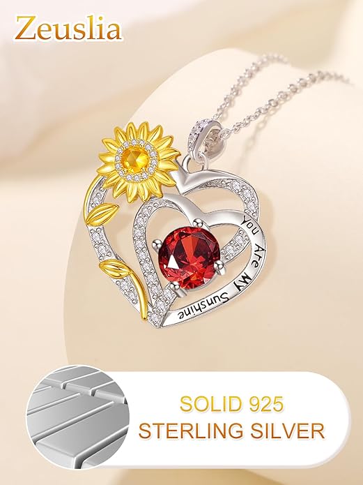 Zeuslia Double Birthstone Necklace Gifts for Wife - 925 Sterling Silver Sunflower/Rose/Crown Cross/Compass/Heart Pendant I Love You Necklace, Anniversary Birthday Gifts for Wife Girlfriend Mom Her