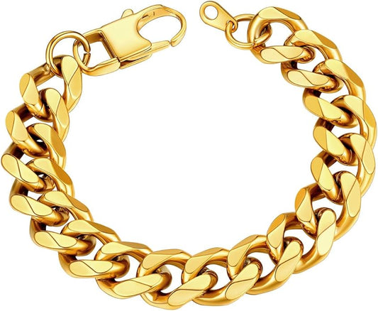 U7 Link Bracelets for Men, Cuban Link/Rope/Watch Band Solid Bracelet, Silver Black Gold Color Wrist Bracelet 3/6/9/12/15mm Width, 6.5/7.5/8.3 Inch Length, Hand Chain Jewelry for Mens Women