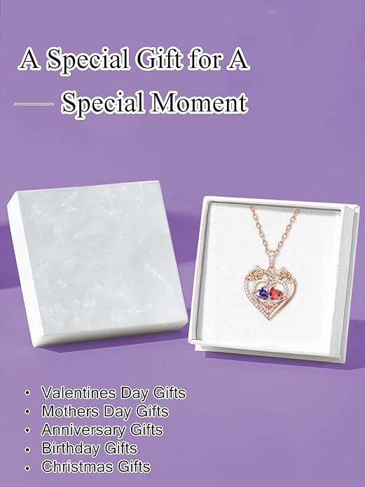 JIYVY32 Rose Heart Necklace for Women Exquisite 925 Sterling Silver Anniversary Birthday Gifts for Wife Mom Her Double Birthstone Pendant Jewelry