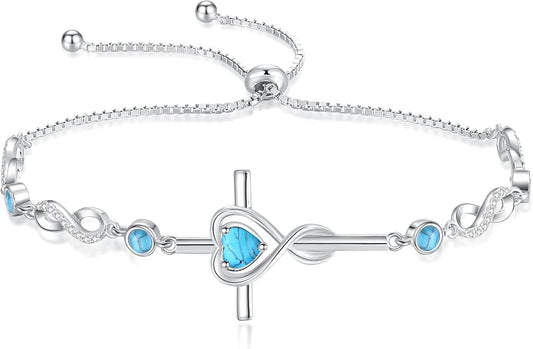 FANCIME Gift for Women Cross Bracelet 925 Sterling Silver Heart Birthstone Bracelet Fine Jewelry Birthday Gifts for Her Women