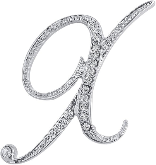 LiaSun A-Z 26 Letters Pins Brooches Silver Plated Metal Broaches Pins-Clear Crystal Initial Breastpin