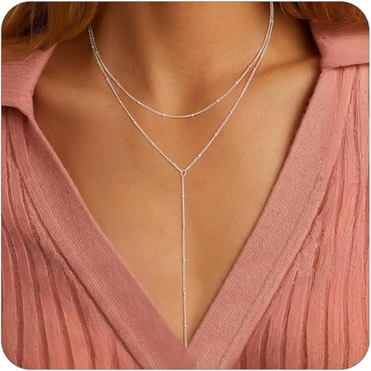 Lariat Necklace for Women, Dainty 14K Gold/Silver Plated Long Necklaces for Women Trendy Simple Layered Y-Shaped Drop Pendant Necklace Adjustable Gold Jewelry Gifts For Her Christmas Stocking Stuffer