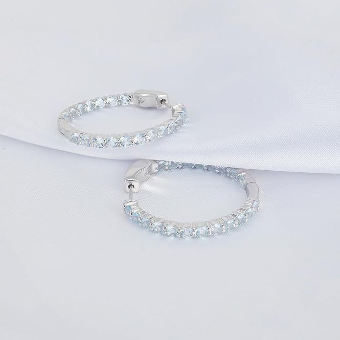 Hoop Earrings with 40 Colored Gemstones, Birthstone Earrings, 925 Sterling Silver Rhodium Plated, Push Back Closure, 1.18'