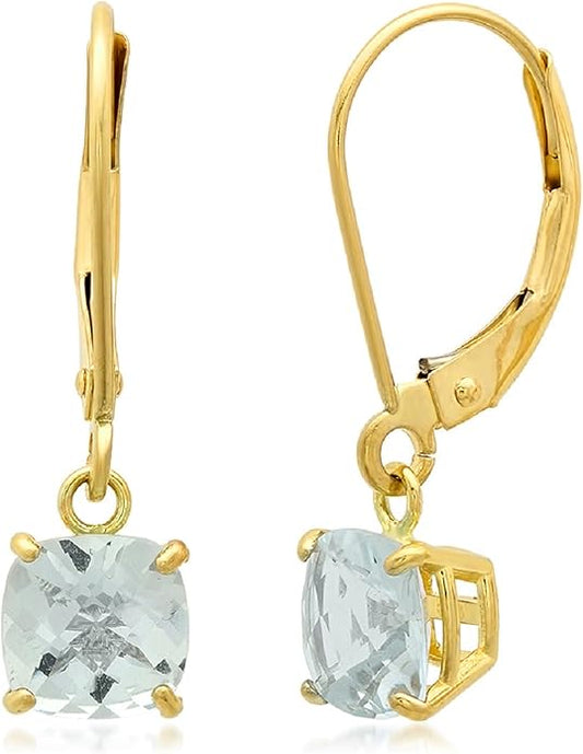 Solid 10K Gold Cushion Cut Dangle Gemstone Earrings for Women | 6mm Gemstone Birthstone Earrings | Checkerboard 10 Karat Gold Dangle Drop Leverback Earring for Women by MAX + STONE