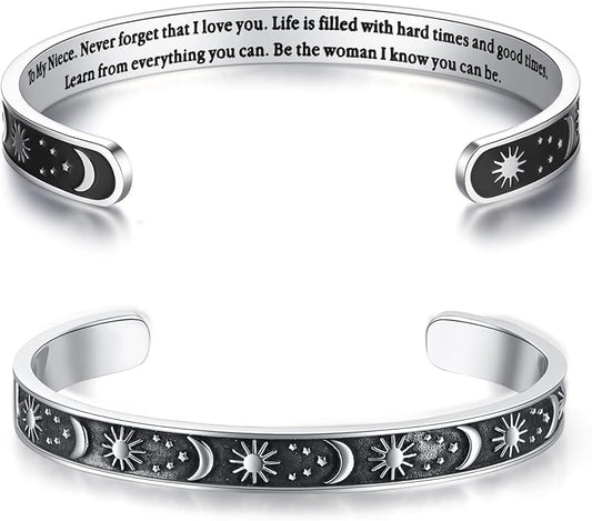 TONY & SANDY Inspirational Bracelets for Women Teen Girls Personalized Gifts for Daughter Granddaughter Mom Sister Friends Stainless Steel Engraved Cuff Birthday Easter Christmas