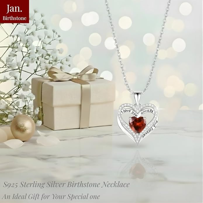 Birthstone Heart Necklace for Women Wife Girlfriend Mom Daughter Gifts S925 Silver Jewelry For Anniversary Rose Gold Gifts For Birthday Christmas Mothers Valentines Day