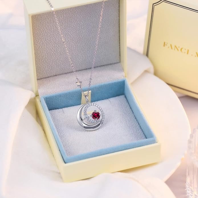 FANCIME Birthstone Necklaces 925 Sterling Silver Moon and Star Pendant Fine Jewelry Birthday Christmas Gifts for Mom Wife Her Daughter, Adjustable Chain 16+2"