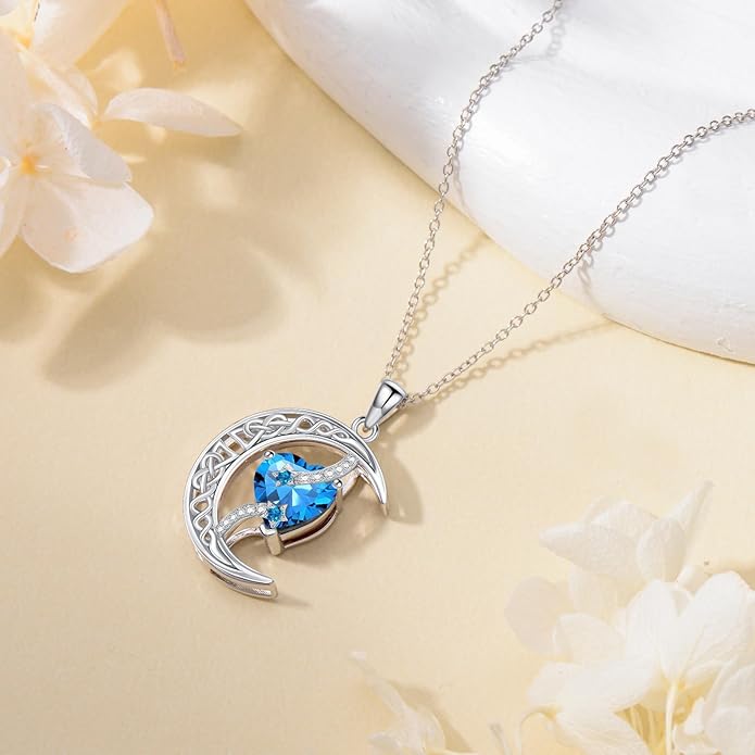 TOUPOP Moon and Star Birthstone Necklace for Women 925 Sterling Silver Celtic Moon Jewelry Birthday Christmas Gifts for Her Girlfriend