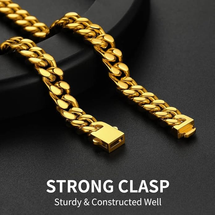 ChainsHouse Stainless Steel Mens Cuban Link Chain, Black/ 18K Gold Plated Miami Cuban Chain Necklace, 5mm/7mm/9mm/12mm/14mm Width, No Tarnish& Durable Hip Hop Mens Jewelry, 18"-30", Send Gift Box