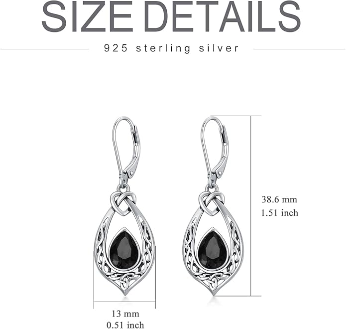 Celtic Knot Dangle Earrings 925 Sterling Silver Oxidized Vintage Drop Leverback Earrings with 8 * 6mm Simulated Birthstone Crystal Christmas Jewelry Gifts for Women (Gift Box)