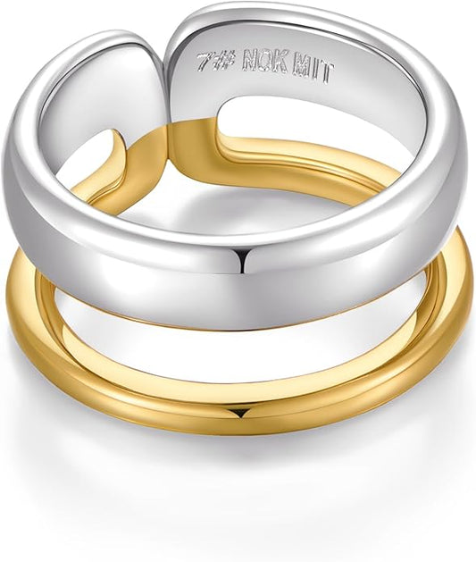 NOKMIT Two-Tone Chunky Stackable Rings for Women, 14K Gold & Silver Plated Mixed Metal Statement Thumb Bands, Classic High Polish Non Tarnish Comfort Fit Size 6-10