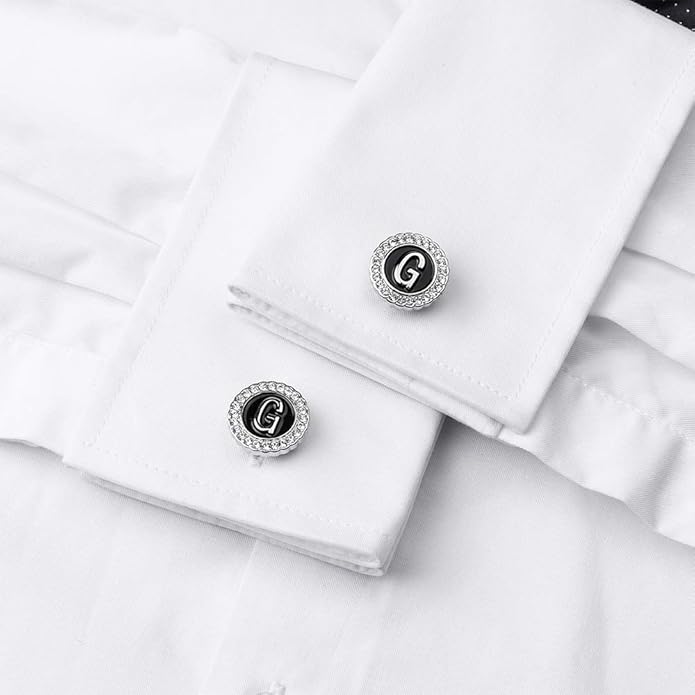 HAWSON A-Z Initial Cufflinks for Men and Women with Clear Crystal, Gold Silver Color Rasied Letter A-Z Cuff Links for French Shirt, Gift for Normal and Business Wearing