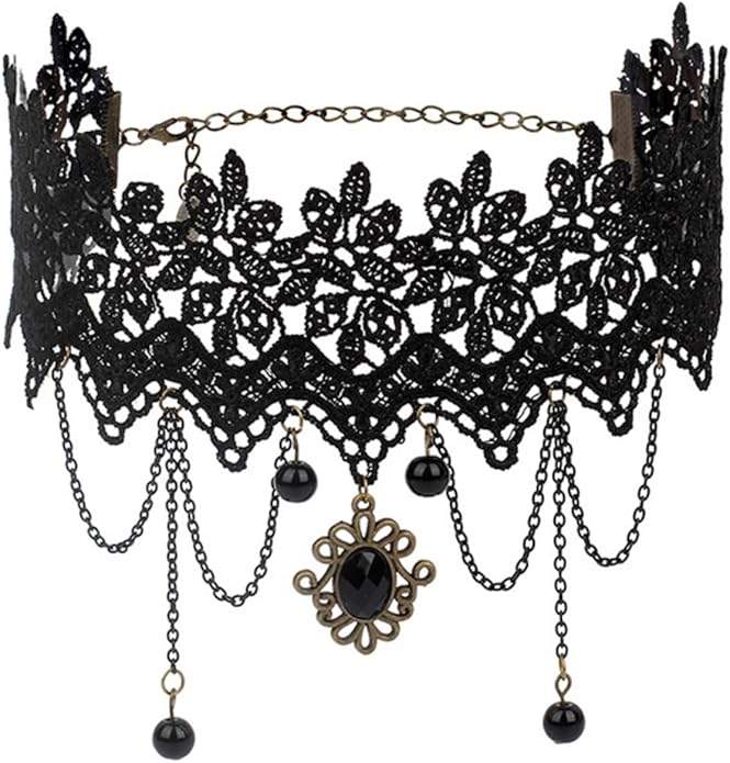 Gothic Lace Choker Necklace for Women,Vintage Black Crystal Hollowed Out Choker Statement Punk Style Layered Tassels Necklace Halloween Dark Witch Costume
