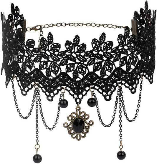 Gothic Lace Choker Necklace for Women,Vintage Black Crystal Hollowed Out Choker Statement Punk Style Layered Tassels Necklace Halloween Dark Witch Costume