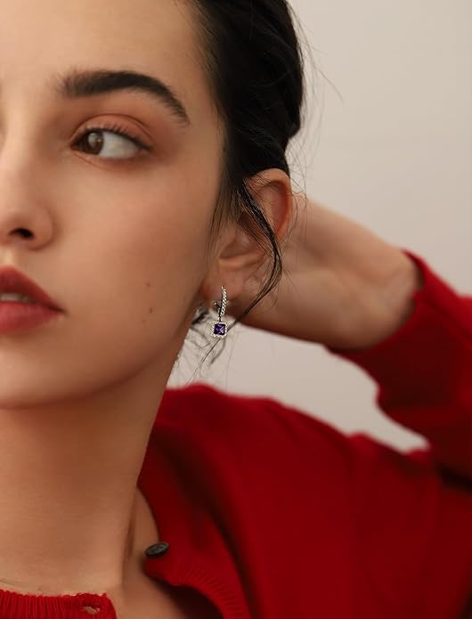 Square Dangle Drop Earrings Sterling Silver Halo Leverback Earrings Birthstone Jewelry for Women