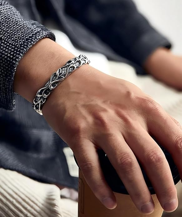 Kim Carrey S925 Sterling Silver Bracelet, Open Bangle Cuff Design, Men's Stacked Bracelets Gift Jewelry for My Man