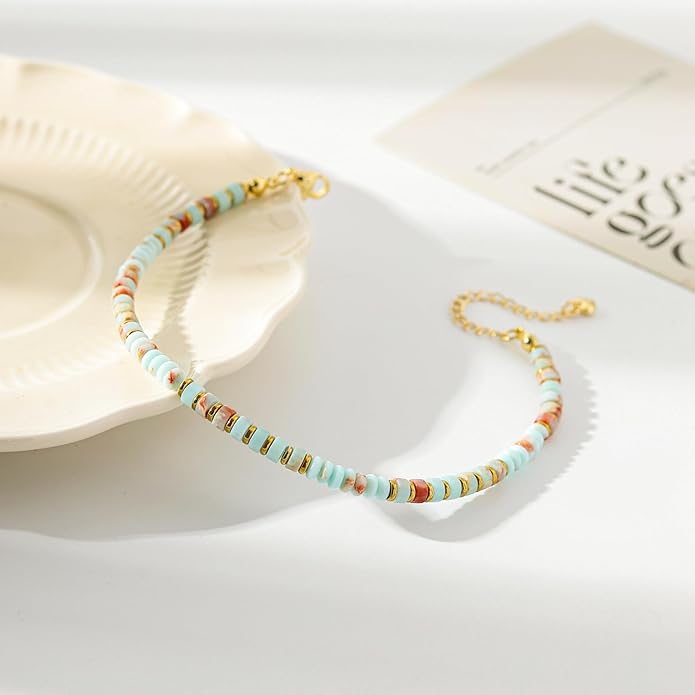 XIJIN Natural Stone Beaded Anklets for Women Handmade Beach Boho Turquoise Beads Ankle Bracelet Jewelry Gift for Her