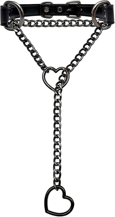 Black Leather Choker Collar For Women, Handmade Heart Slip Chain Choker Long Necklace with Adjustable Buckle