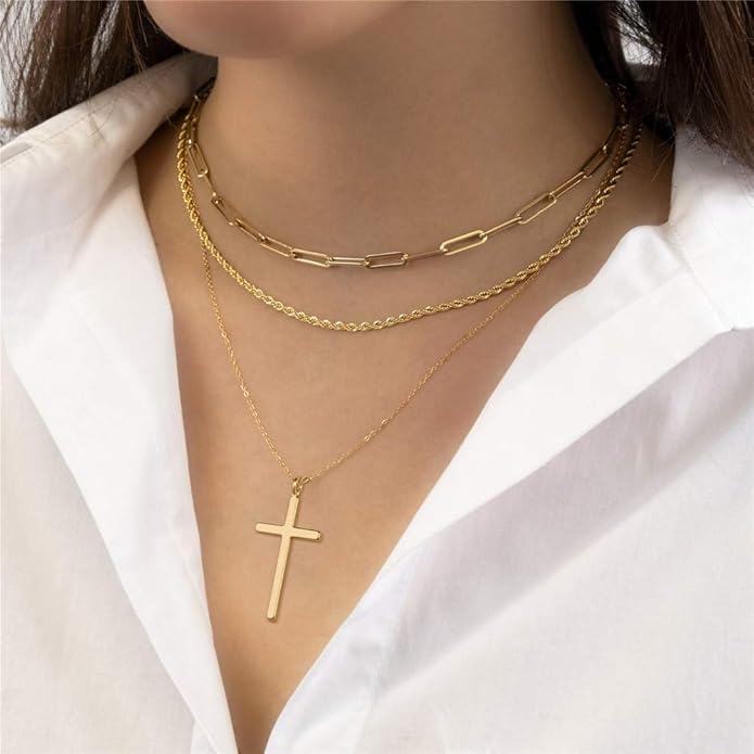 Turandoss Dainty Layered Choker Necklace, Handmade Y Pendant Necklace Multilayer Bar Disc Necklace Adjustable Layering Choker Necklaces for Women