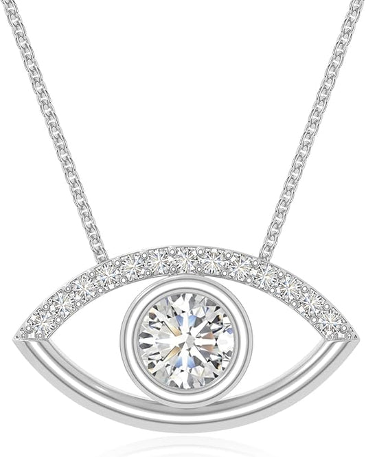 Natural Gemstone with Moissanite Evil Eye Pendant Necklaces for Women in Silver/18K Yellow/Rose Gold Vermeil,Birthstone Jewelry Gifts for Her Birthday,Anniversary, Graduation