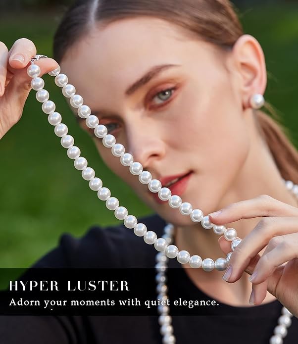 Raneecoco HYPER LUSTER Sterling Silver Round Simulated Pearl Necklace for Women | Dainty Choker or Long Pearl Necklace | Gift Ready for Wedding