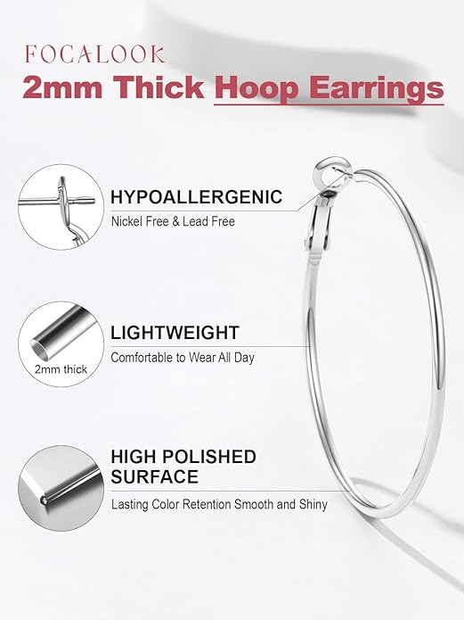 FOCALOOK 14K Gold Plated Lightweight Large Hoops| 2mm Thin Hoop Earrings for Women 30/40/50/70/100mm
