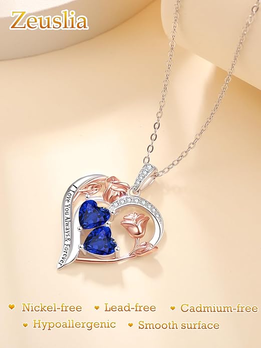 Zeuslia Double Birthstone Necklace Gifts for Wife - 925 Sterling Silver Sunflower/Rose/Crown Cross/Compass/Heart Pendant I Love You Necklace, Anniversary Birthday Gifts for Wife Girlfriend Mom Her
