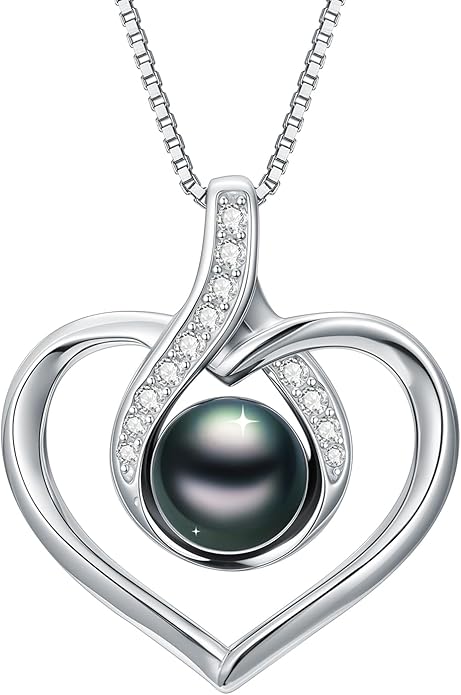 KANNSOAR Tahitian Black Pearl AAAA 18K White Gold Plated Sterling Silver Heart Pendant Necklace for Women Wife Mom Girlfriend Valentine Her Jewelry Gift for Anniversary Birthday Christmas