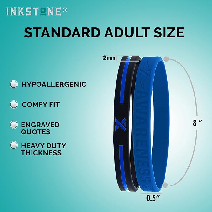 Inkstone (12-pack) Blue Awareness Ribbon Silicone Wristbands - Wholesale Bulk Pack of 1 Dozen Bracelets in Unisex Adult Size…