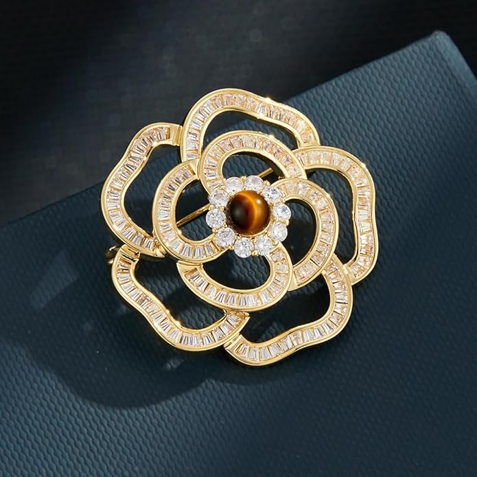 14K Gold Mother of Pearl Camellia Brooch, Luxury Moissanite Flower Pin, Sophisticated Accessory for Dinners and Parties