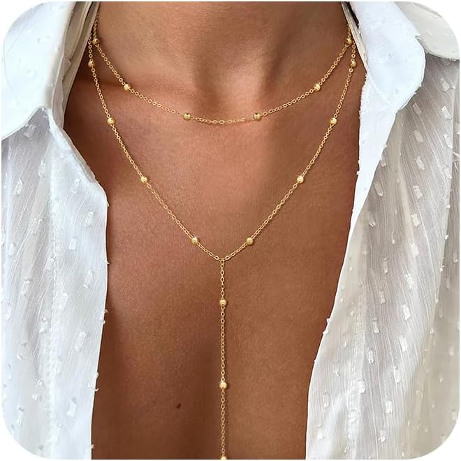 Long Gold Necklace for Women Trendy, Dainty Layered Lariat Necklace 14k Gold Plated Silver Y Shaped Beaded Chain Non Tarnish Drop Necklaces Simple Adjustable Jewelry Gift