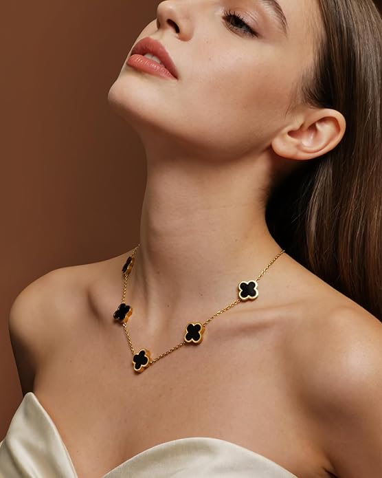 Aimétte Monette 18K Gold Plated Jewelry Set Clover Necklace Stud Earrings for Women Hypoallergenic Lucky Clover Pendant Necklace Gold Bracelets for Women Gifts