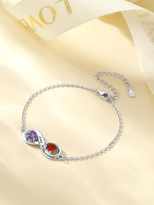 Custom4U Personalized Infinity Love Symbol Link Bracelets for Women 925 Sterling Silver Birthstone Bracelet Adjustable Engraved Chain Christmas Mother's Day Birthday Jewelry Gifts for Mom Her