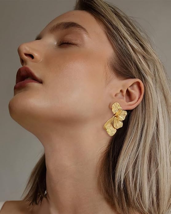 Chunky Gold Statement Earrings For Women Gold Plated Sectored Flower Leaf Shell Angel Wing Earrings Large Stud Earrings Hypoallergenic Earrings