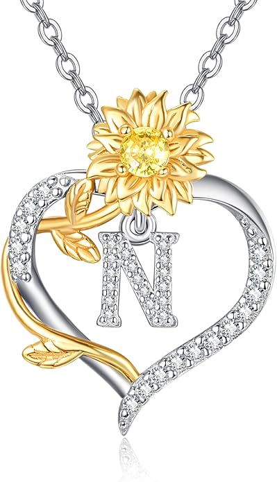AENEAS Sunflower Initial Necklace for Women Gold Plated Sterling Silver Letter Heart Pendant Jewelry Gift for Mom Wife Birthday Anniversary Christmas