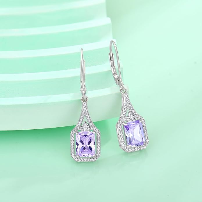 Emerald Cut Dangle Drop Earrings 925 Sterling Silver Halo Rectangular Leverback Earrings Birthstone Jewelry for Women