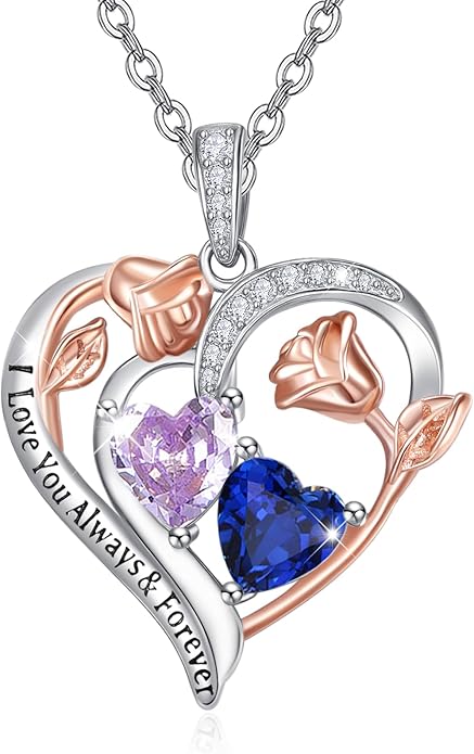 Zeuslia Double Birthstone Necklace Gifts for Wife - 925 Sterling Silver Sunflower/Rose/Crown Cross/Compass/Heart Pendant I Love You Necklace, Anniversary Birthday Gifts for Wife Girlfriend Mom Her