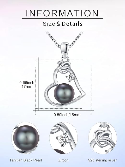 Tahitian Black Pearl 18K White Gold Plated Sterling Silver Heart/Infinity/Four Leaf Clover Pendant Necklace Jewelry Gifts for Women Wife Mom Girlfriend Wedding Birthday Anniversary Christmas