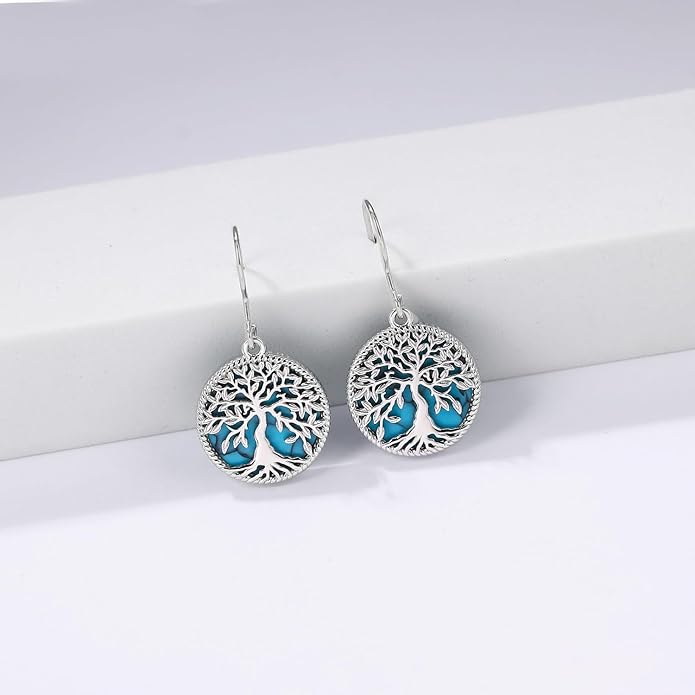 Tree of life Dangle Earrings Sterling Silver Moonstone/Turquoise/Malachite Earrings for Women Filigree Leverback Earrings Jewelry Gifts