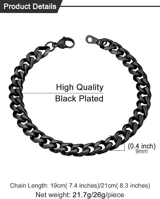 U7 Link Bracelets for Men, Cuban Link/Rope/Watch Band Solid Bracelet, Silver Black Gold Color Wrist Bracelet 3/6/9/12/15mm Width, 6.5/7.5/8.3 Inch Length, Hand Chain Jewelry for Mens Women
