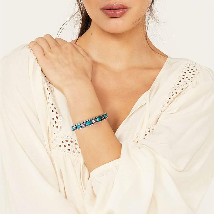 Native American Genuine Turquoise Cuff Bracelet for Women 925 Sterling Silver Turquoise Boho Bangle Adjustable Fit for 6.5 to 7.5 Inch