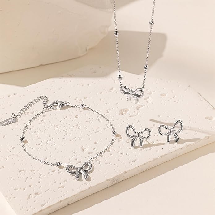 Bow Earrings Necklace Bracelet Set for Women Dainty Bowknot Jewelry Set Gold Pendant Necklace Ribbon Stud Earrings Cute Bow Accessories Elegant Gift for Her