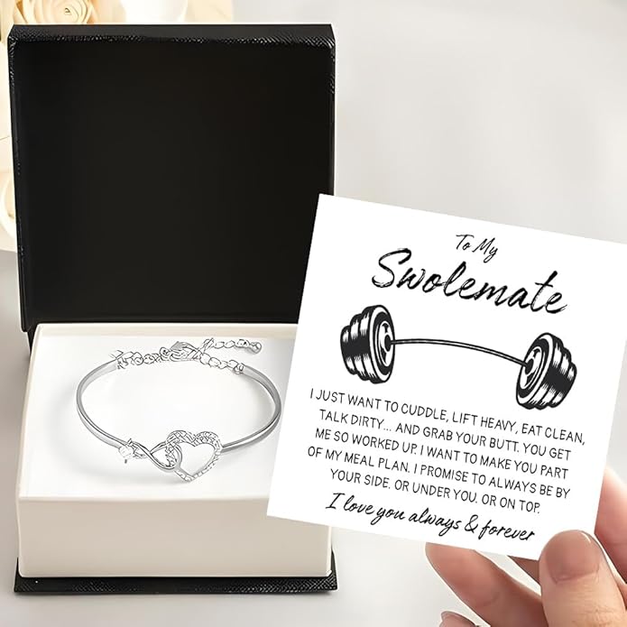 To My Swolemate Bracelet, Fitness Jewelry for Her, Motivational Bracelet for Gym Lovers with Message Card and Box, Weightlifting Swolemate Gift on Birthday, Christmas, Valentine Day