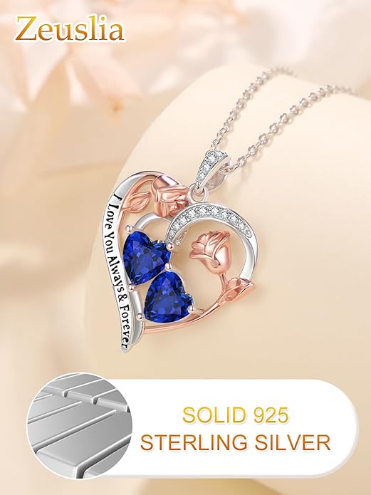 Zeuslia Double Birthstone Necklace Gifts for Wife - 925 Sterling Silver Sunflower/Rose/Crown Cross/Compass/Heart Pendant I Love You Necklace, Anniversary Birthday Gifts for Wife Girlfriend Mom Her