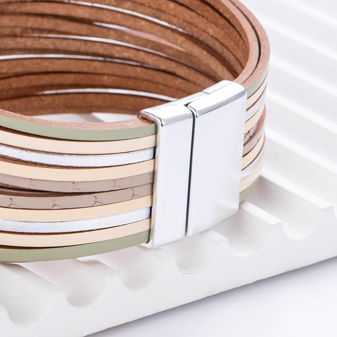 FANCY SHINY Boho Leather Wrap Bracelet Stackable Layered Bangle Cuff with Magnetic Clasp