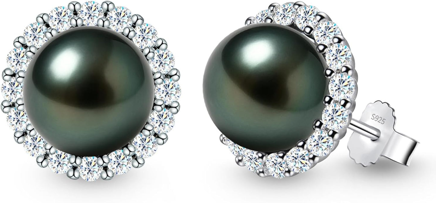 Genunie Tahitian Black Pearl Earrings, 9-11mm AAAA Natural Ocean-Grown Pearls with Sterling Silver Moissanite Earring, Anniversary Wedding Birthday Christmas Gift for Wife Mom Daughter, Women Jewelry