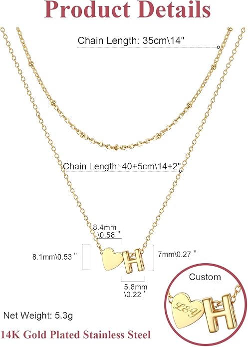 FOCALOOK Layered Initial Necklace for Women, 14K Gold Plated Choker Necklaces Stacks with Initial A-Z, Dainty Silver Heart Pendant Necklace Personalized Birthday Women Jewelry