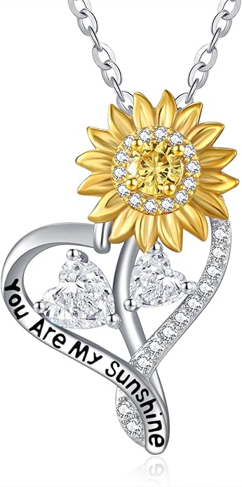 Zeuslia Double Birthstone Necklace Gifts for Wife - 925 Sterling Silver Sunflower/Rose/Crown Cross/Compass/Heart Pendant I Love You Necklace, Anniversary Birthday Gifts for Wife Girlfriend Mom Her