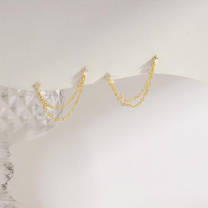 Freekiss Gold Chain Studs Earrings for Women Trendy: Hypoallergenic 14K Gold Plated Dangle Earrings Dainty Small Long Chain Earring Set Fashion Gold Jewelry for Women